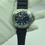 Panerai Luminor Submersible GMT Watch with blue dial, silver-tone case and black rubber strap