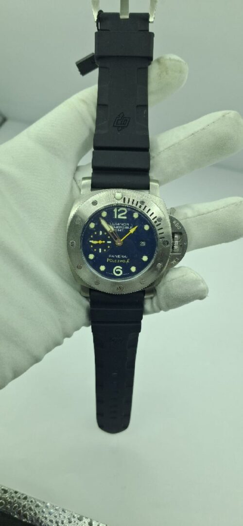 Panerai Luminor Submersible GMT Watch with blue dial, silver-tone case and black rubber strap