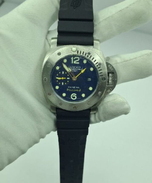 Panerai Luminor Submersible GMT Watch with blue dial, silver-tone case and black rubber strap