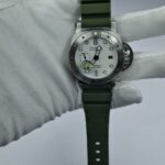 Panerai Luminor Submersible Green Strap Watch with white dial, silver-tone case and olive green rubber strap