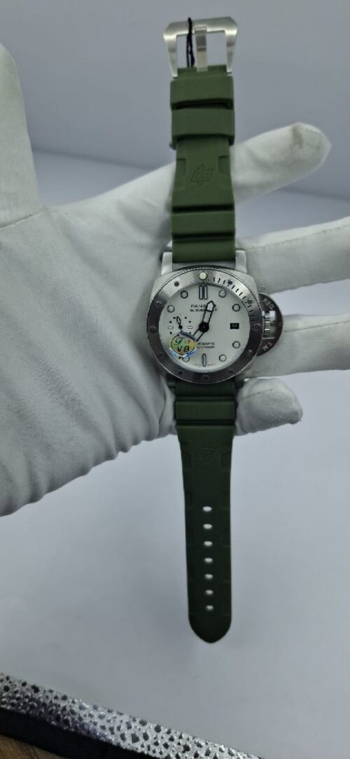 Panerai Luminor Submersible Green Strap Watch with white dial, silver-tone case and olive green rubber strap