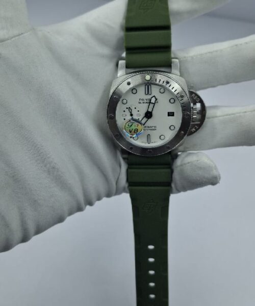 Panerai Luminor Submersible Green Strap Watch with white dial, silver-tone case and olive green rubber strap