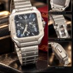 Cartier Santos Silver Black Dial with square silver tone case and metal bracelet