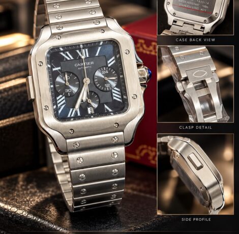 Cartier Santos Silver Black Dial with square silver tone case and metal bracelet