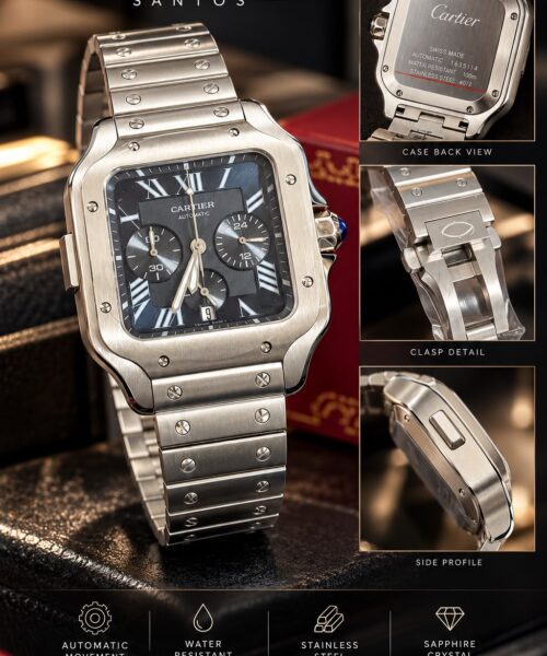 Cartier Santos Silver Black Dial with square silver tone case and metal bracelet