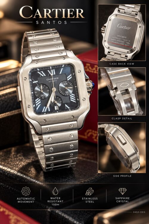 Cartier Santos Silver Black Dial with square silver tone case and metal bracelet