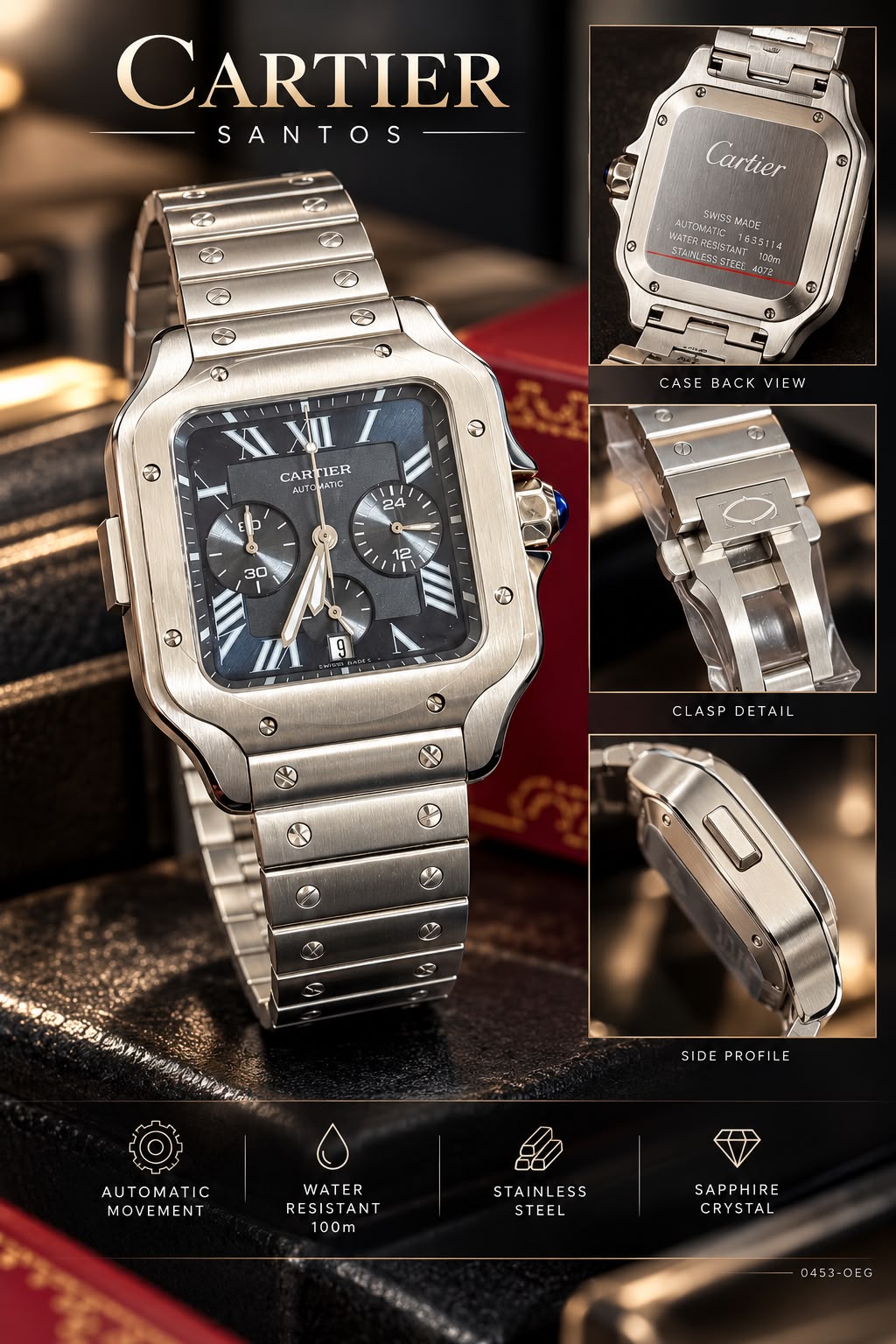 Cartier Santos Silver Black Dial with square silver tone case and metal bracelet