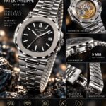 Patek Philippe Nautilus Black Dial Watch with Silver Octagonal Bezel and Integrated Bracelet