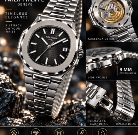Patek Philippe Nautilus Black Dial Watch with Silver Octagonal Bezel and Integrated Bracelet