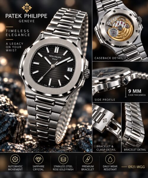 Patek Philippe Nautilus Black Dial Watch with Silver Octagonal Bezel and Integrated Bracelet